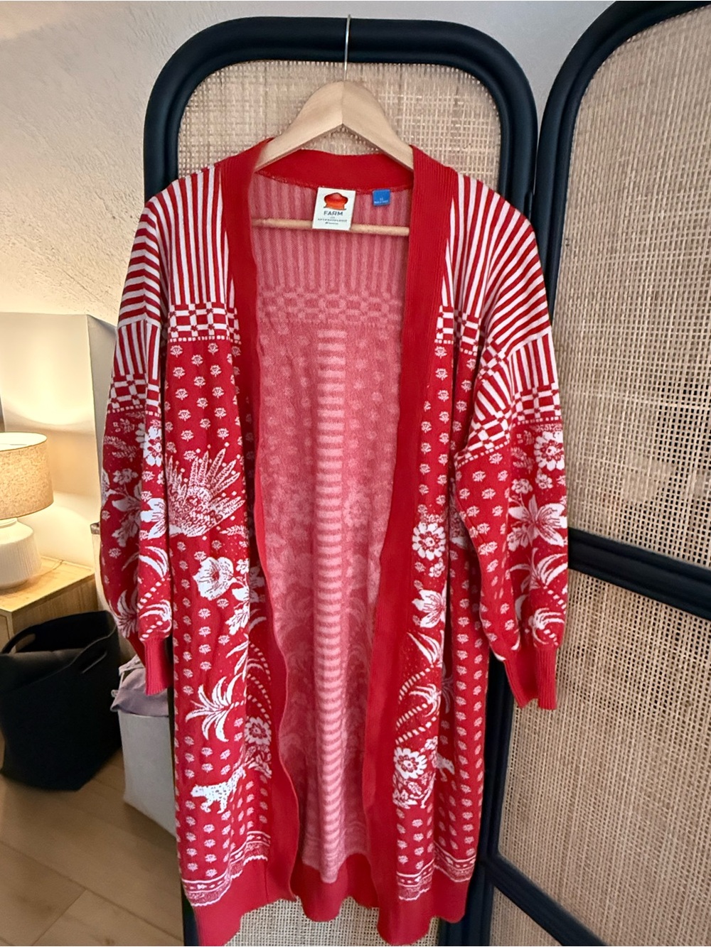 Farm Rio Anthropologie Women’s 100% Organic Cotton Cardigan Red White Xsmall